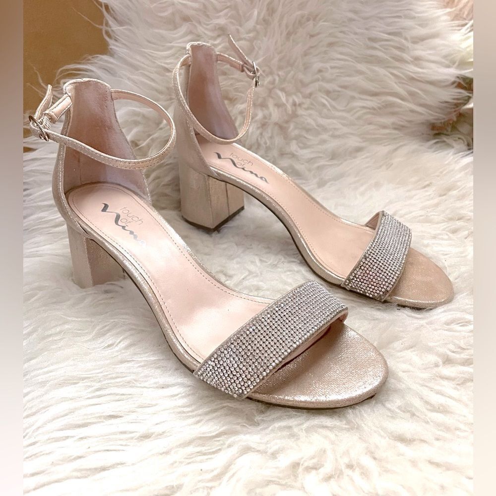 Nina Ankle Straps Rhinestones Rose Gold Satin Block Heels 8
